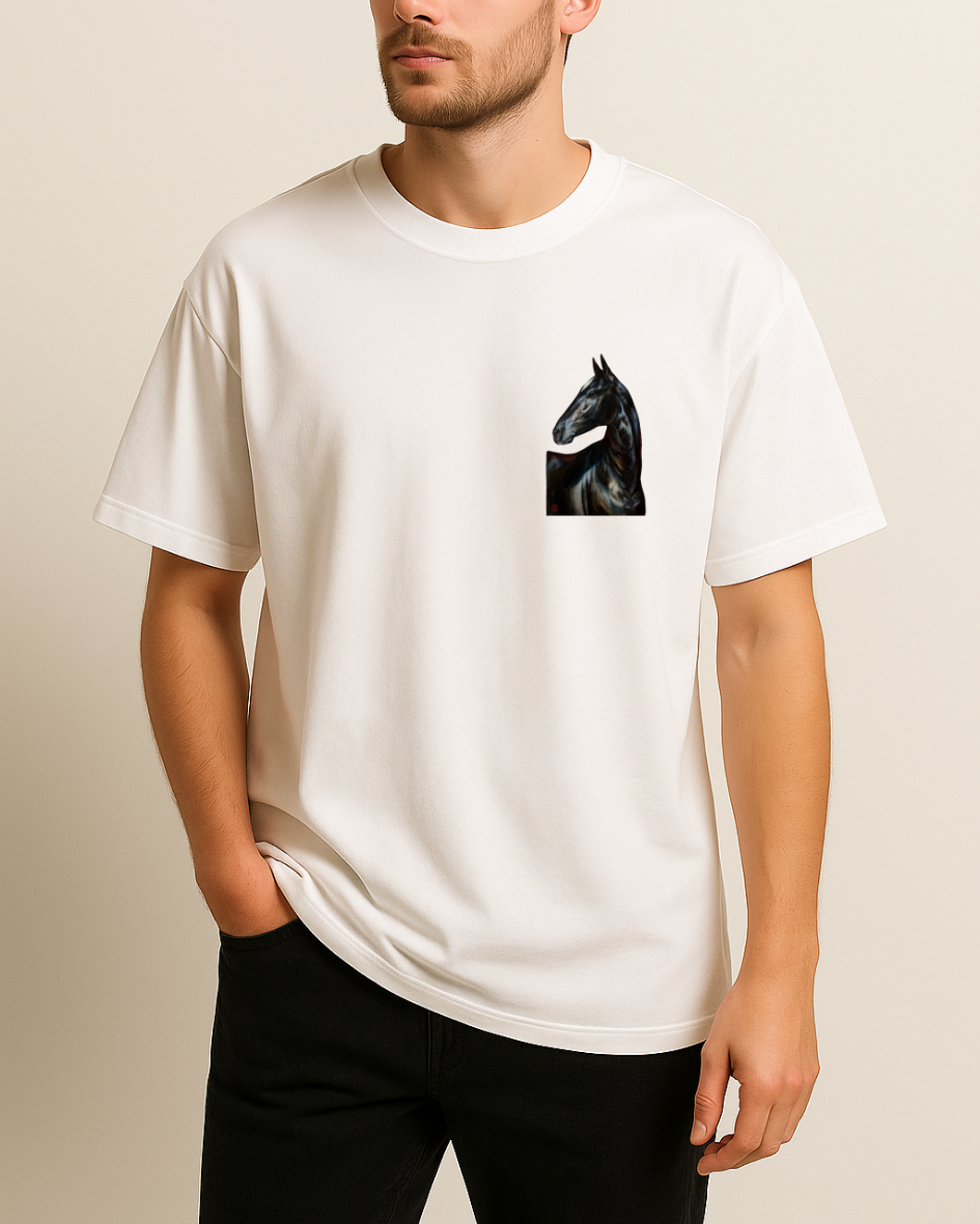 Etnik Siyah At Baskılı T-Shirt