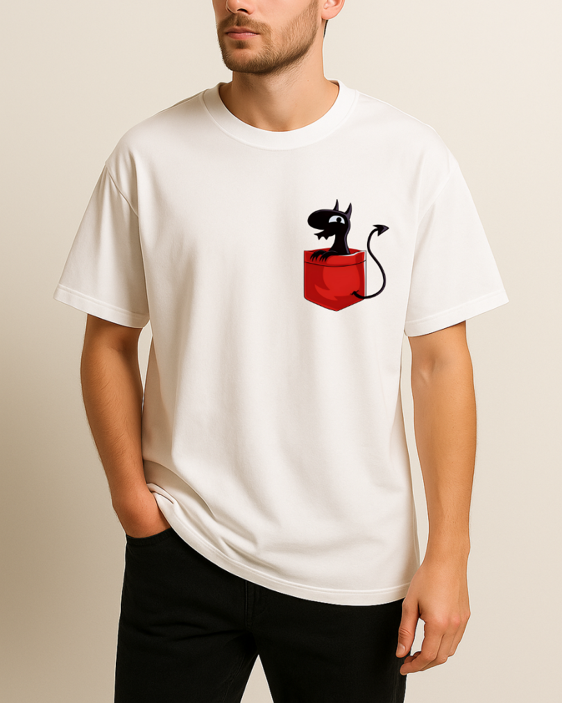 Sevimli İblis Cepli Baskılı T-Shirt