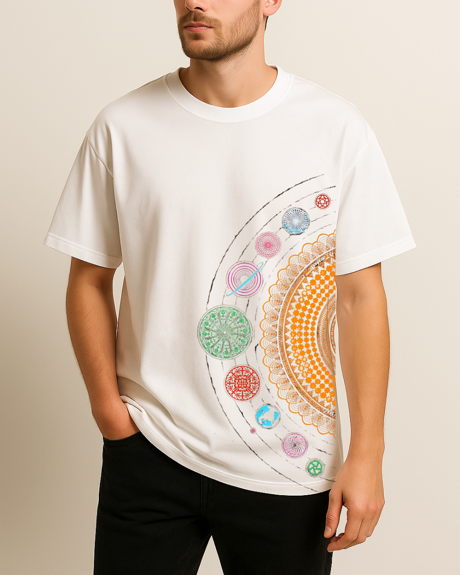 Yandan Gezegen Sistemi Baskılı T-Shirt