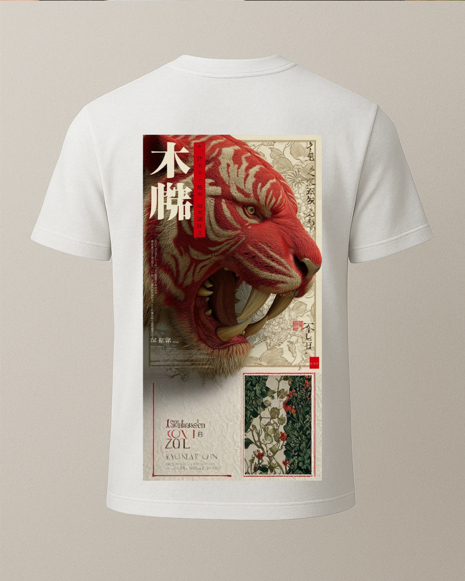 Kırmızı Etnik Kaplan Baskılı T-Shirt