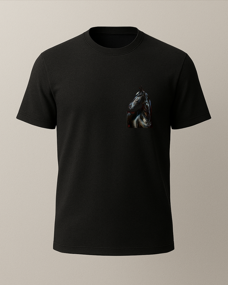 Etnik Siyah At Baskılı T-Shirt