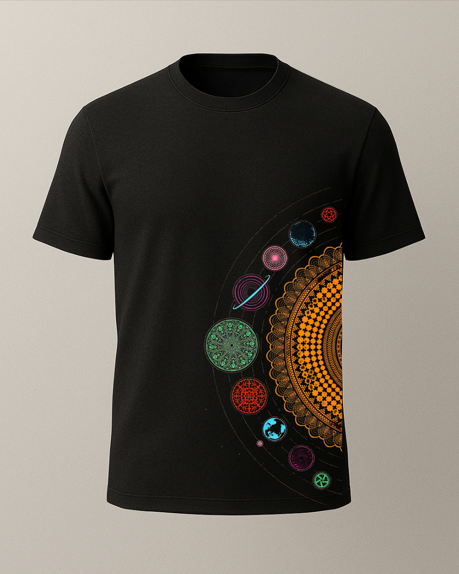 Yandan Gezegen Sistemi Baskılı T-Shirt