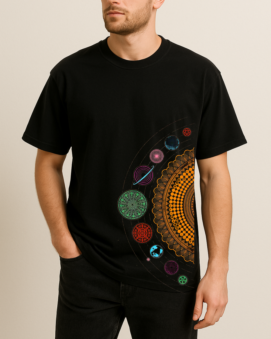 Yandan Gezegen Sistemi Baskılı T-Shirt