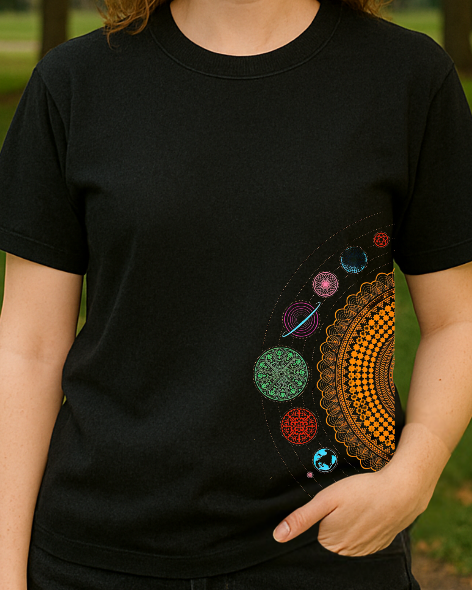 Yandan Gezegen Sistemi Baskılı T-Shirt