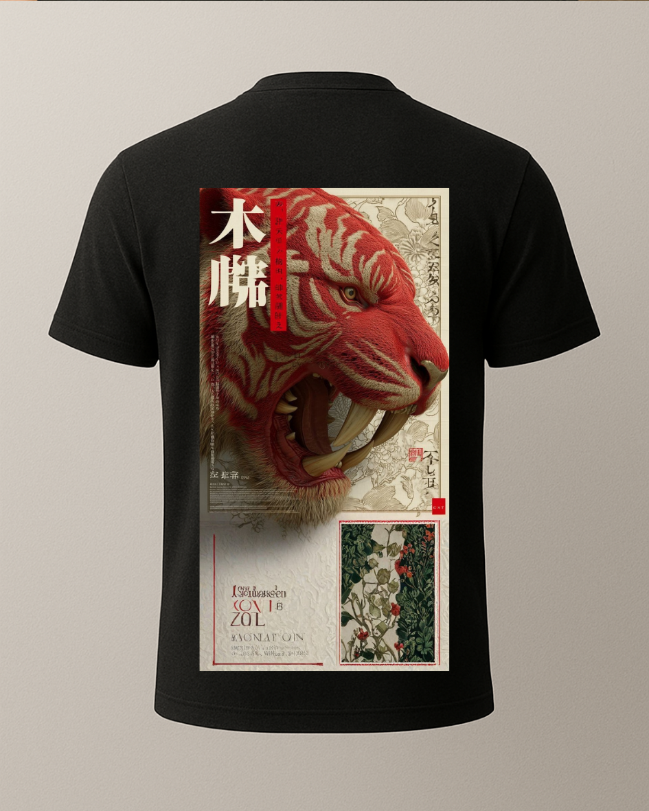 Kırmızı Etnik Kaplan Baskılı T-Shirt