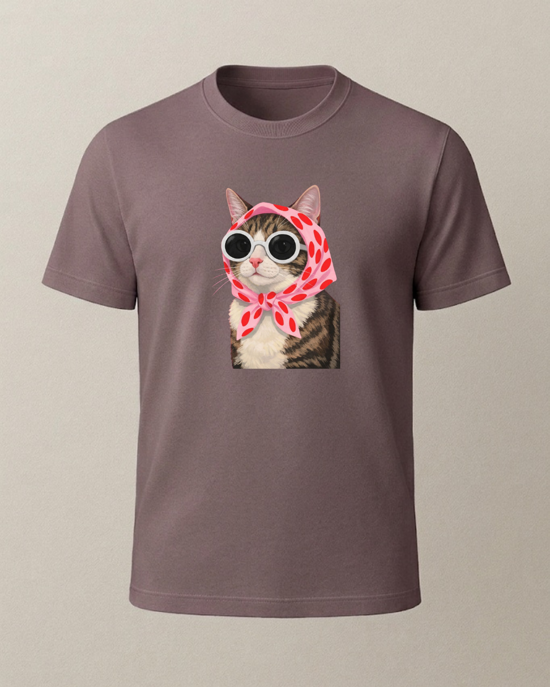 Pembe Başörtülü Gözlüklü Tekir Kedi Baskılı T-Shirt
