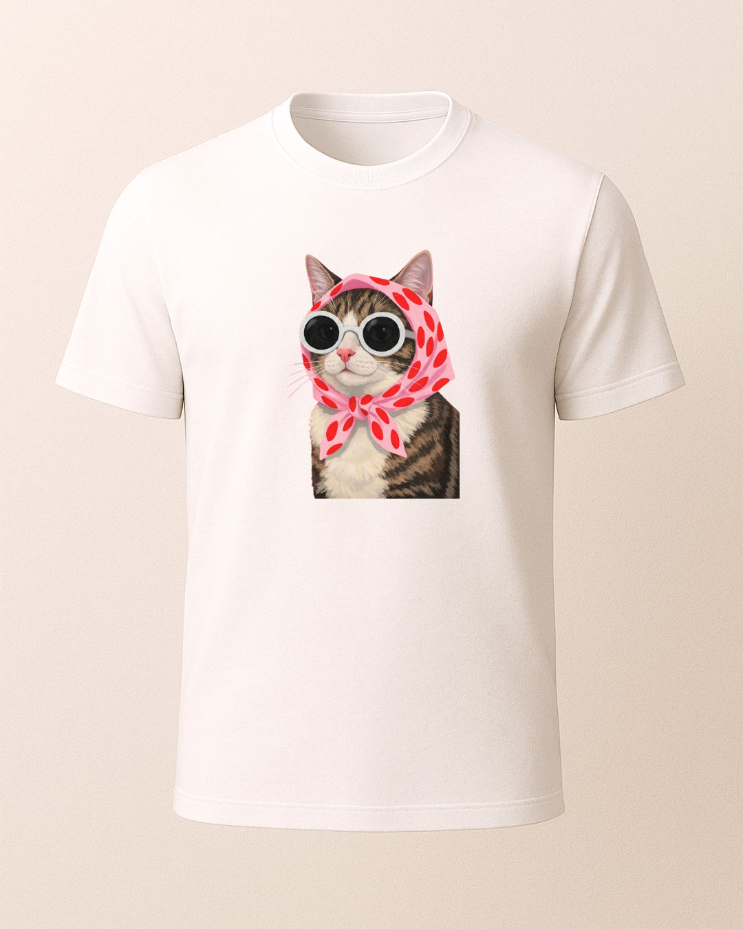 Pembe Başörtülü Gözlüklü Tekir Kedi Baskılı T-Shirt