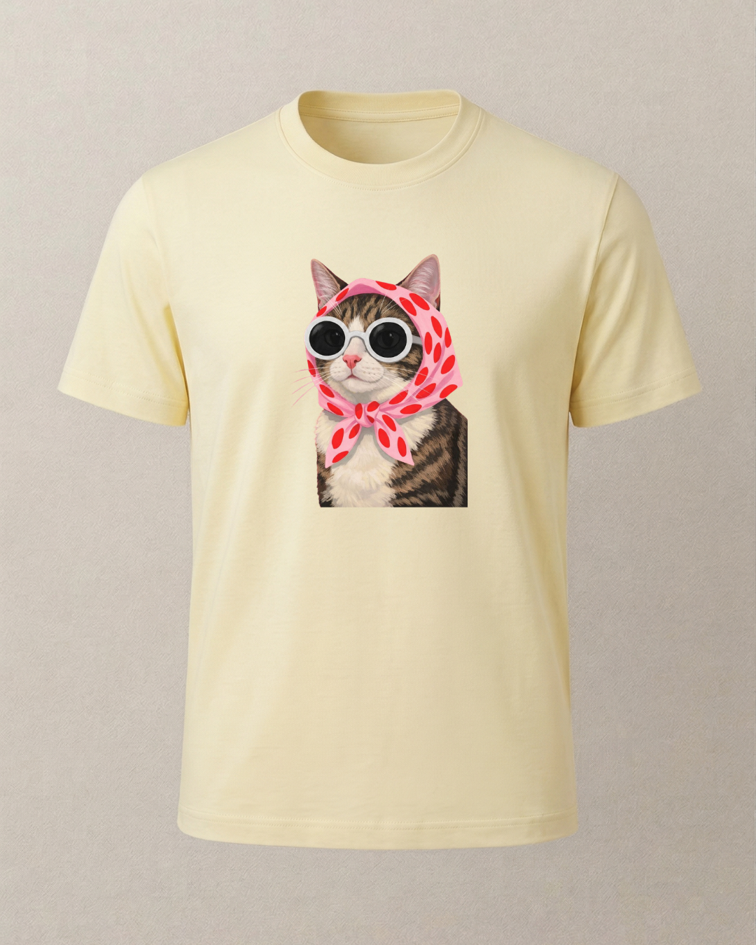 Pembe Başörtülü Gözlüklü Tekir Kedi Baskılı T-Shirt
