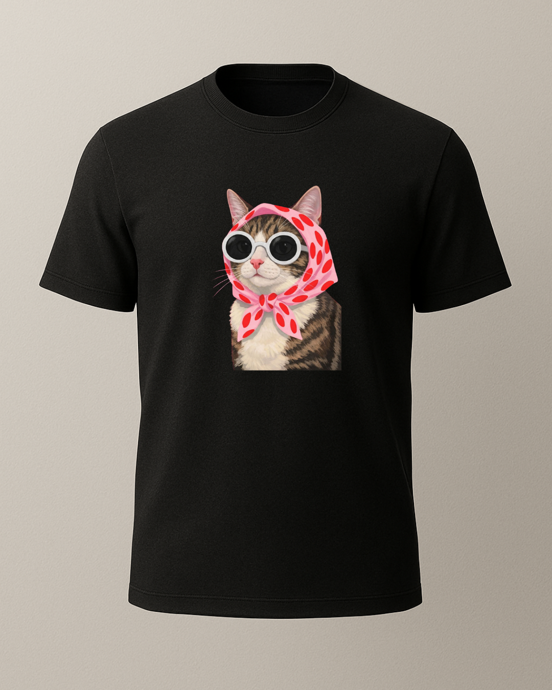 Pembe Başörtülü Gözlüklü Tekir Kedi Baskılı T-Shirt
