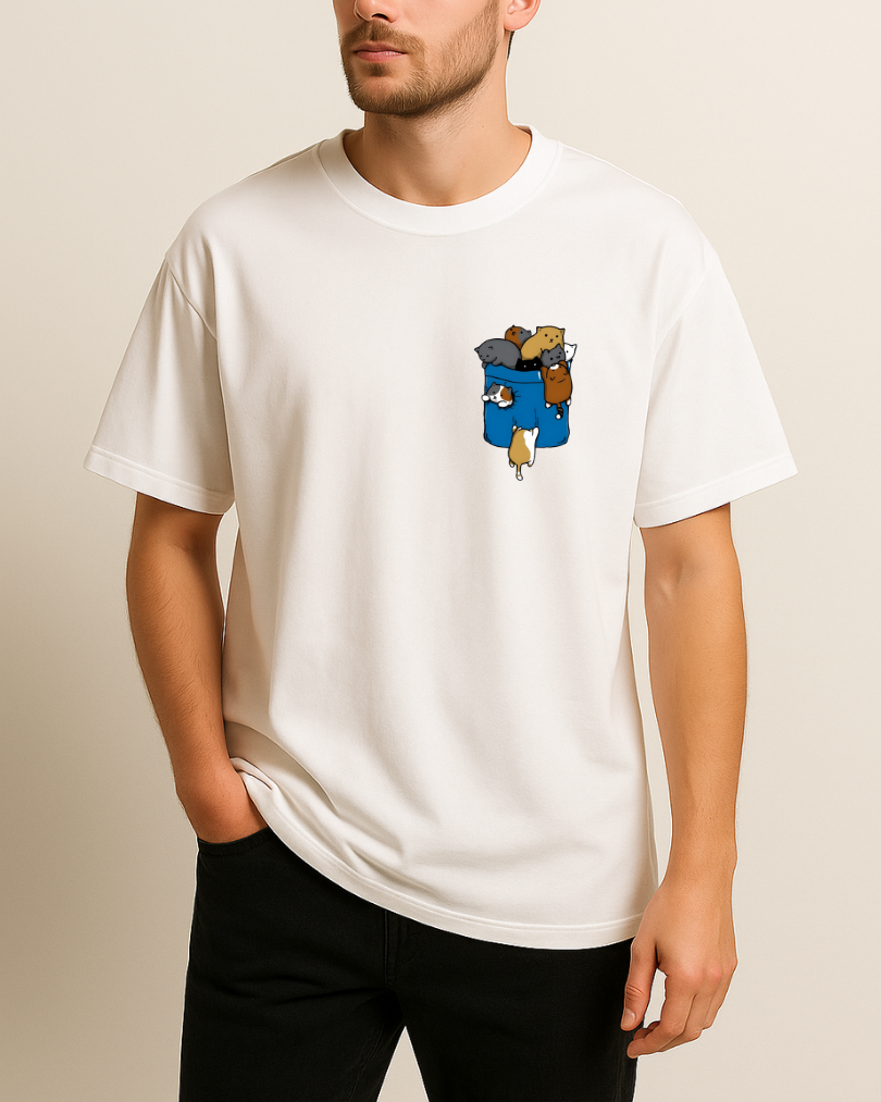 Kediler Cep Tasarımlı Baskılı T-Shirt - Görsel 3