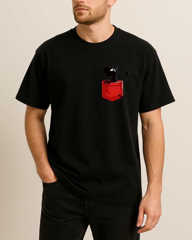 Sevimli İblis Cep Tasarımlı Baskılı T-Shirt - Görsel 6