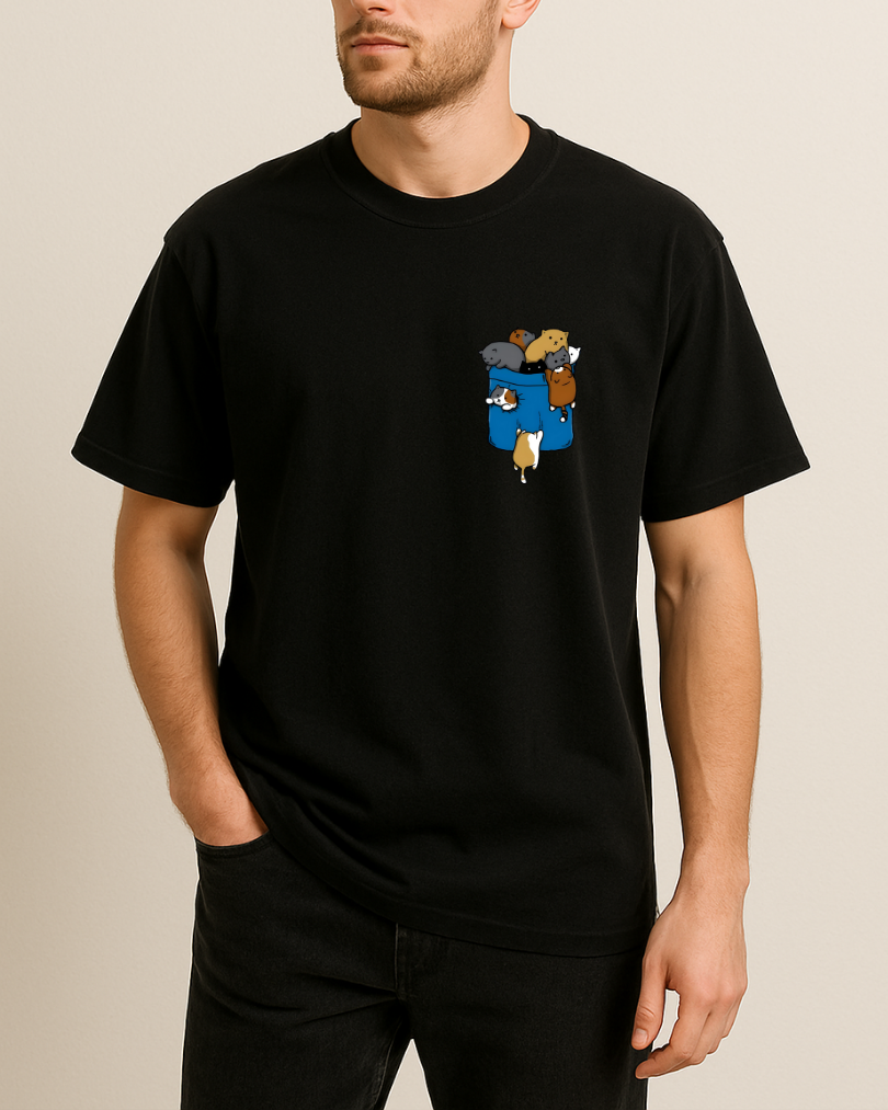 Kediler Cep Tasarımlı Baskılı T-Shirt - Görsel 6