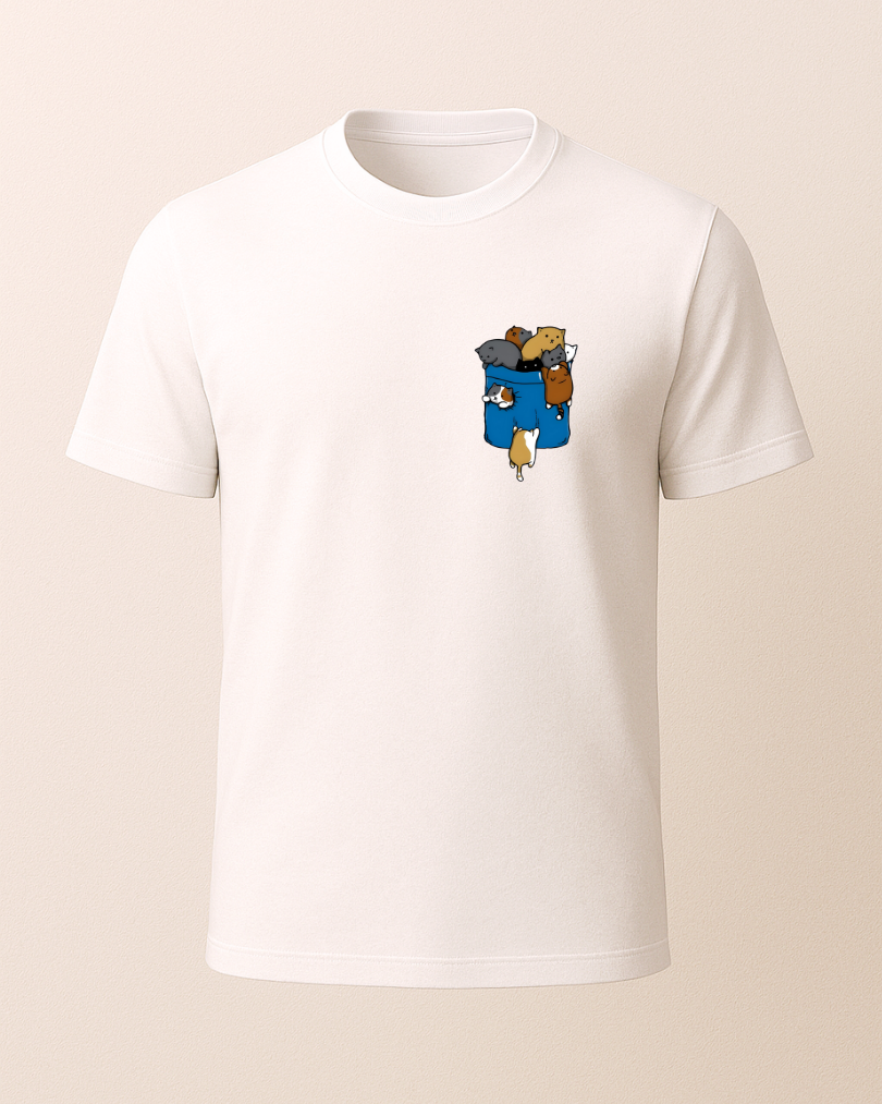 Kediler Cep Tasarımlı Baskılı T-Shirt